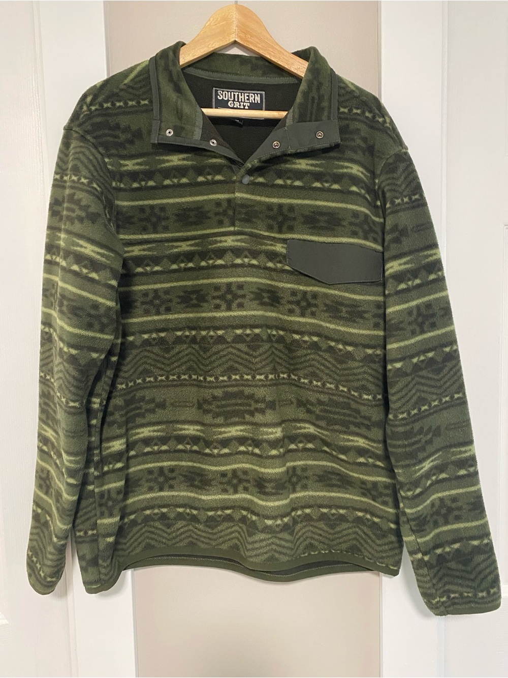 Men's Olive Green Patterned button Up Fleece Jacket